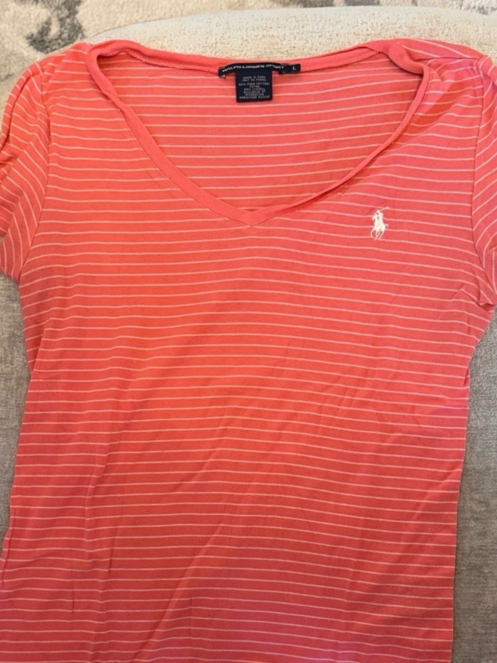 Ralph Lauren Women’s L Coral Pink Striped V-Neck Pony Logo Tee Shirt